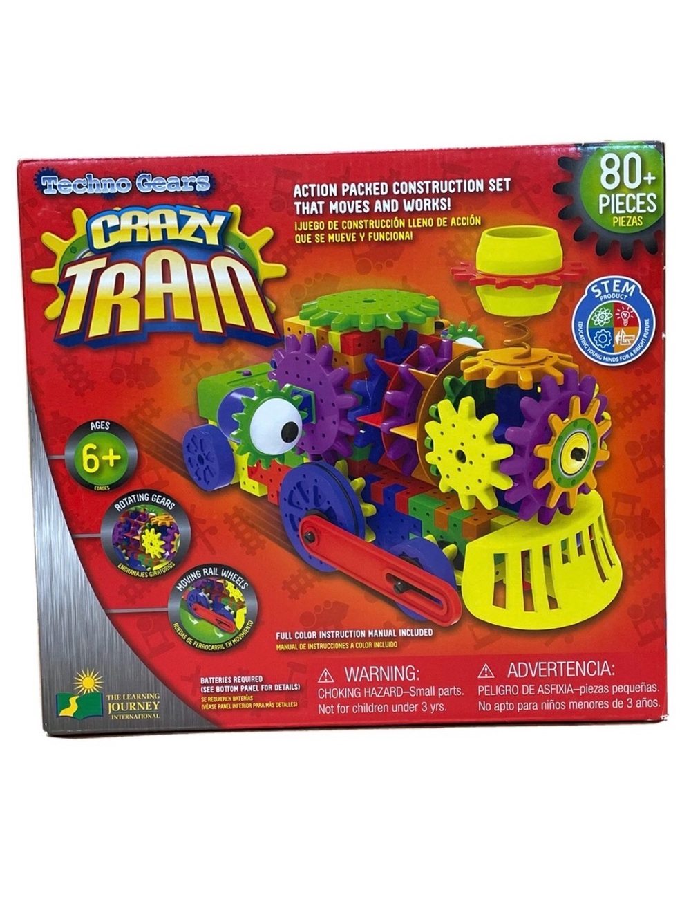 Techno Gears Crazy Train Construction Set STEM Build & Learning Activity 80+ pc